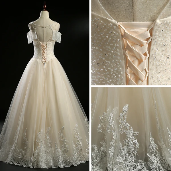 Chic / Belle Champagne Robe De Mariée 2018 Princesse Perlage Paillettes Dos Nu Encolure Dégagée Sans Manches Longue Mariage
