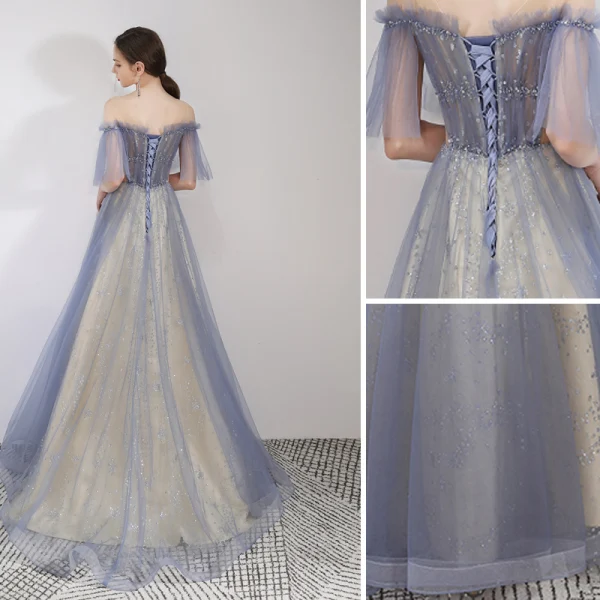 Élégant Bleu Ciel Robe De Soirée 2019 Princesse De l'épaule Perlage En Dentelle Fleur Paillettes Manches Courtes Dos Nu Longue Robe De Ceremonie