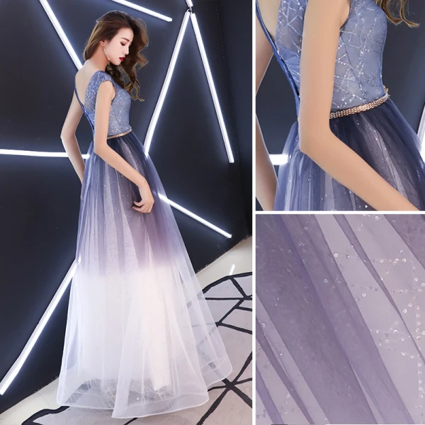 Charmant Grape Dégradé De Couleur 2019 Princesse Robe De Soirée Encolure Dégagée Paillettes Métal Ceinture Sans Manches Dos Nu Longue Robe De Ceremonie