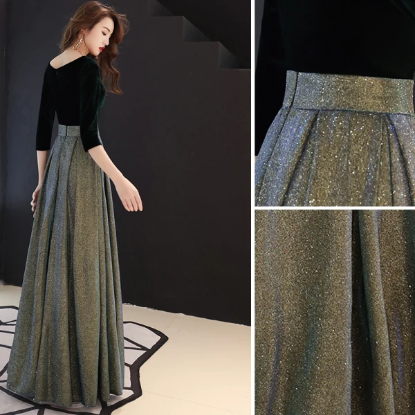 Elegant Svart Selskapskjoler 2019 Prinsesse Suede Scoop Halsen Glitter Polyester 3/4 Ermer Lange Formelle Kjoler