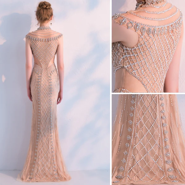 Luxury / Gorgeous Champagne Handmade  Beading Evening Dresses  2019 Trumpet / Mermaid High Neck Crystal Rhinestone Sleeveless Floor-Length / Long Formal Dresses