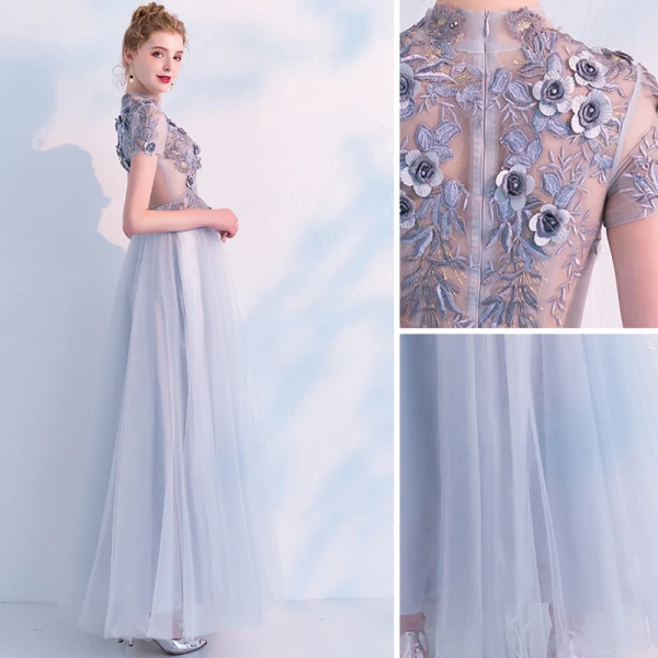 Elegant Grey Prom Dresses 2019 A-Line / Princess High Neck See-through Lace Flower Appliques Pearl Short Sleeve Floor-Length / Long Formal Dresses