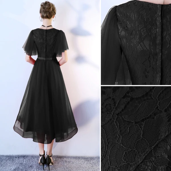 Chic / Beautiful Black Homecoming Graduation Dresses 2019 A-Line / Princess V-Neck Bow Lace Flower Short Sleeve Tea-length Formal Dresses