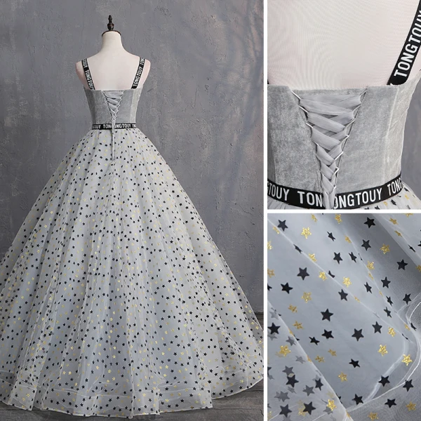 Elegant Grey Prom Dresses 2019 A-Line / Princess Suede Spaghetti Straps Glitter Star Sleeveless Backless Floor-Length / Long Formal Dresses