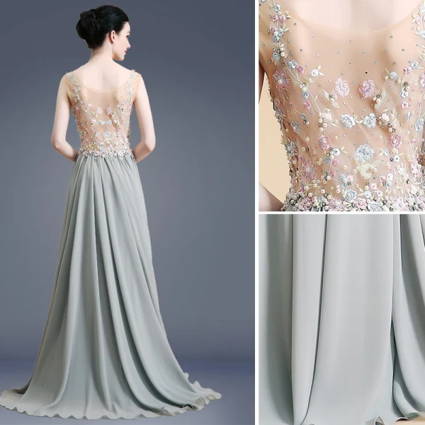 Élégant Gris Robe De Bal 2019 Princesse Encolure Dégagée Perlage Perle Faux Diamant Appliques En Dentelle Fleur Sans Manches Train De Balayage Robe De Ceremonie
