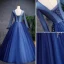 Élégant Bleu Marine Robe De Bal 2019 Princesse Encolure Dégagée En Dentelle Fleur Perle Manches Longues Dos Nu Longue Robe De Ceremonie
