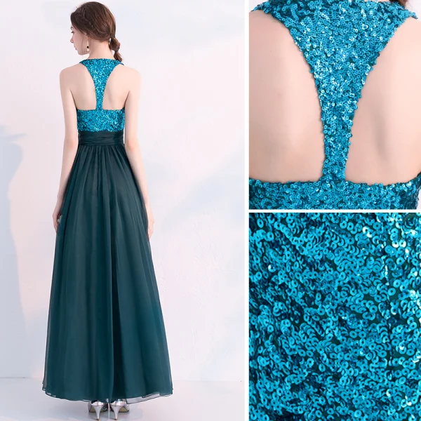 Scintillantes Vert Foncé Robe De Soirée 2019 Princesse Encolure Dégagée Paillettes Sans Manches Dos Nu Longue Robe De Ceremonie