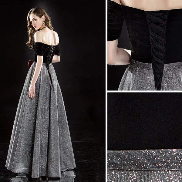 Elegant Svart Selskapskjoler 2019 Prinsesse Suede Av Skulderen Glitter Polyester Korte Ermer Ryggløse Lange Formelle Kjoler