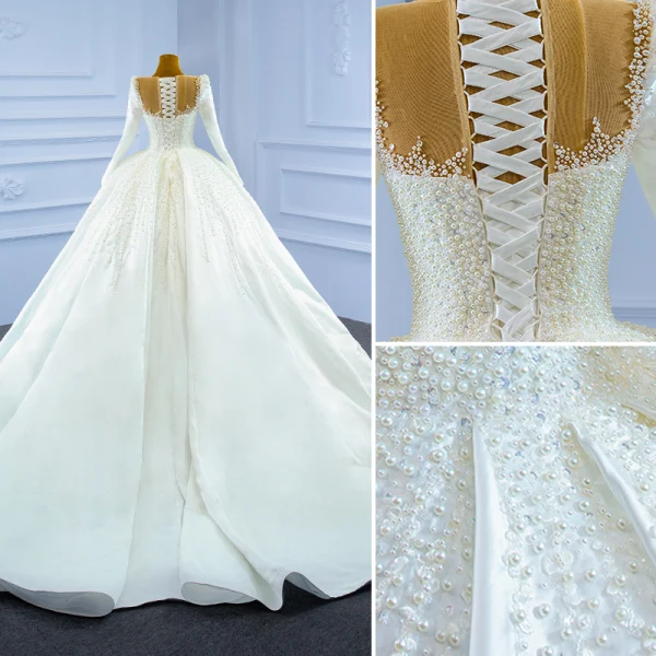 High-end Elegant Ivory Pearl Satin Wedding Dresses 2021 Ball Gown Beading Scoop Neck Long Sleeve Cathedral Train Wedding