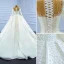 High-end Elegant Ivory Pearl Satin Wedding Dresses 2021 Ball Gown Beading Scoop Neck Long Sleeve Cathedral Train Wedding