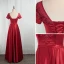Elegant Burgundy Prom Dresses 2020 A-Line / Princess Scoop Neck Beading Crystal Short Sleeve Backless Floor-Length / Long Formal Dresses