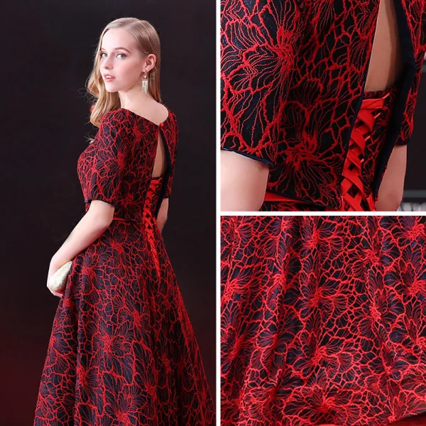 Chic / Belle 2 Pièces Robe De Soirée 2018 Princesse Ceinture Dentelle Encolure Dégagée Dos Nu Manches Courtes Longue Robe De Ceremonie