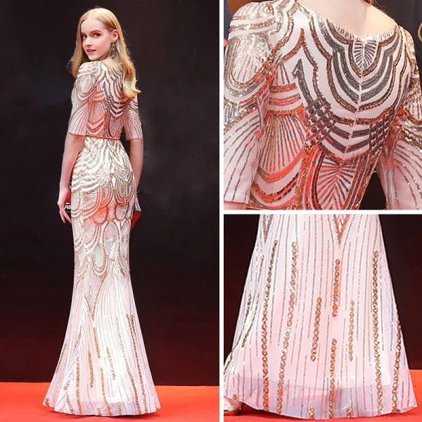 Sparkly Evening Dresses 2018 Trumpet / Mermaid Sequins Sash V-Neck 1/2 Sleeves Floor-Length / Long Formal Dresses
