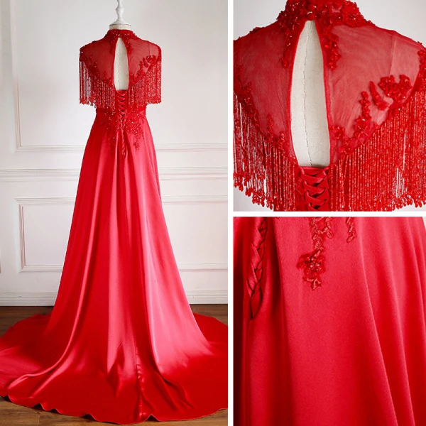 Luxury / Gorgeous Pearl Pink Evening Dresses 2018 A-Line / Princess Handmade Beading Tassel Crystal Sequins Appliques Scoop Neck Backless Short Sleeve Court Train Formal Dresses