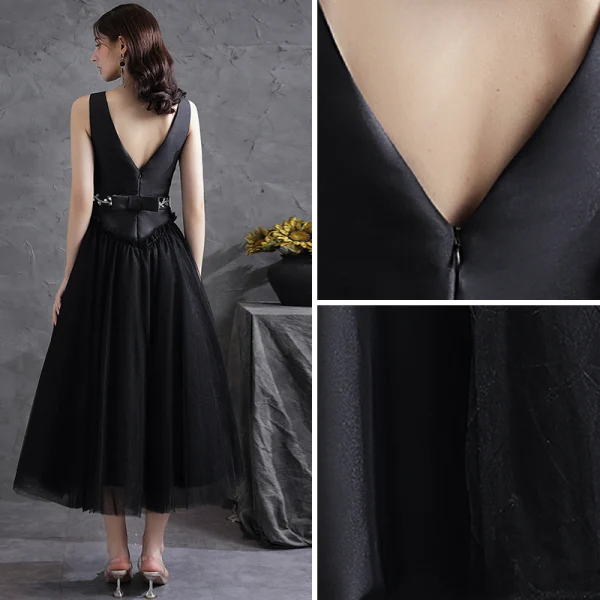 Chic / Beautiful Black Satin Homecoming Graduation Dresses 2021 A-Line / Princess Scoop Neck Rhinestone Sash Sleeveless Backless Bow Tea-length Formal Dresses