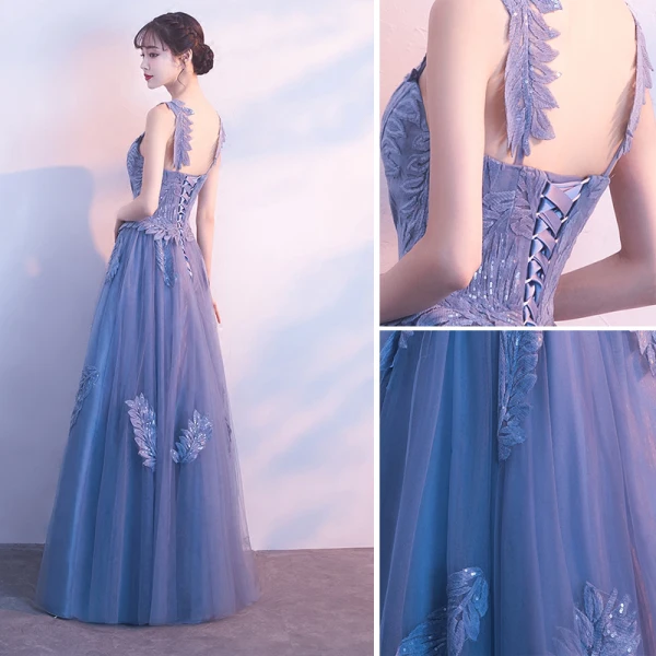 Chic / Beautiful Sky Blue Evening Dresses 2018 A-Line / Princess Appliques Shoulders Backless Sleeveless Floor-Length / Long Formal Dresses