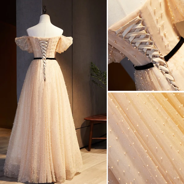 Chic / Beautiful Champagne Prom Dresses 2021 A-Line / Princess Off-The-Shoulder Sash Sequins Pearl Short Sleeve Backless Floor-Length / Long Prom Formal Dresses