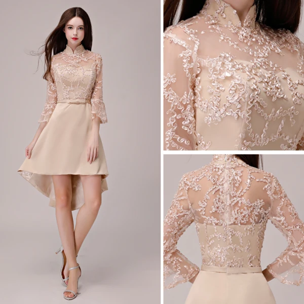 Chic / Belle de retour Kaki Robe De Graduation 2018 Princesse Noeud En Dentelle Asymétrique Col Haut 3/4 Manches Robe De Ceremonie