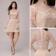 Chic / Belle de retour Kaki Robe De Graduation 2018 Princesse Noeud En Dentelle Asymétrique Col Haut 3/4 Manches Robe De Ceremonie