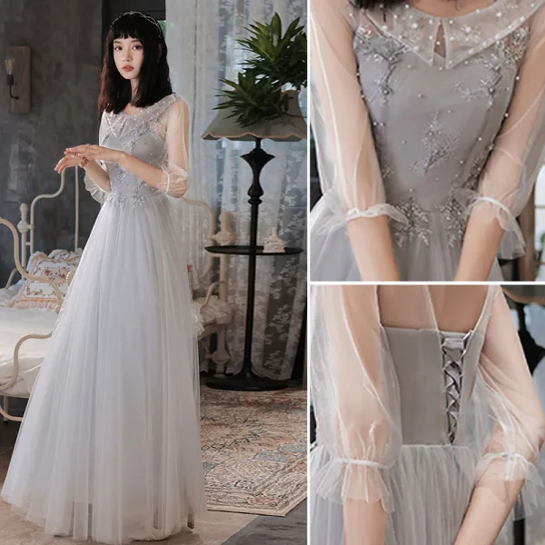 Chic / Beautiful Grey Pearl Lace Flower Bridesmaid Dresses 2021 A-Line / Princess Short Sleeve Backless Floor-Length / Long Bridesmaid Wedding Party Dresses