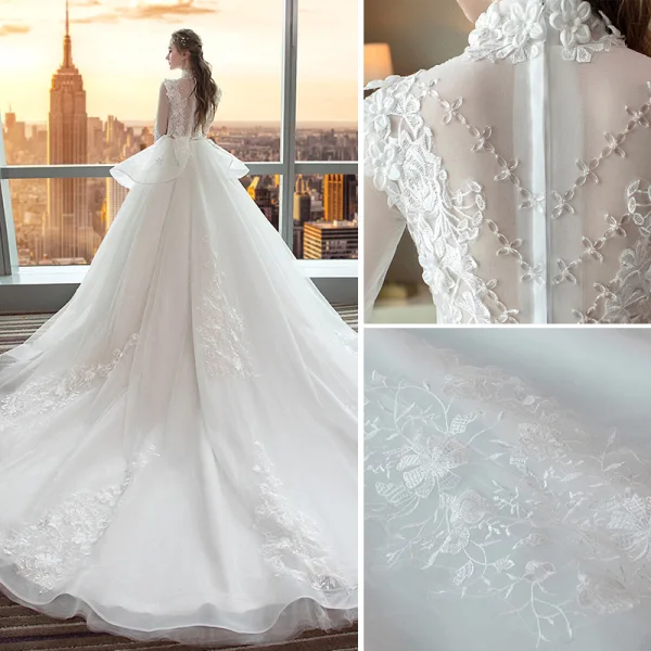 Wedding Dresses Red Zipper Up Appliques Crystal Flower Lace Cathedral Train Lace Tulle High Neck Wedding Fall Spring Summer 3/4 Sleeve Chic / Beautiful Ball Gown 2018