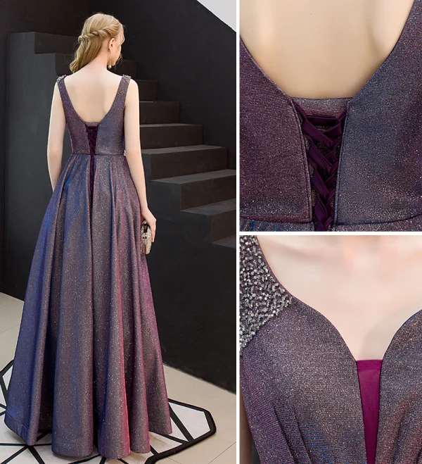 Charmant Silber Abendkleider 2019 A Linie Ärmellos Glanz Polyester Perle Strass Stoffgürtel V-Ausschnitt Rückenfreies Lange Festliche Kleider