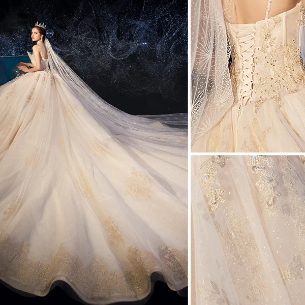 High-end Champagne Wedding Dresses 2019 A-Line / Princess Spaghetti Straps Ruffle Beading Sequins Lace Flower Sleeveless Backless Chapel Train