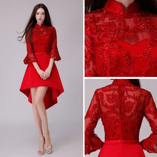Chic / Belle de retour Kaki Robe De Graduation 2018 Princesse Noeud En Dentelle Asymétrique Col Haut 3/4 Manches Robe De Ceremonie