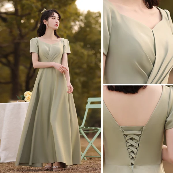 Modest / Simple Sage Green Bridesmaid Dresses 2021 A-Line / Princess Off-The-Shoulder Short Sleeve Backless Floor-Length / Long Wedding Party Dresses