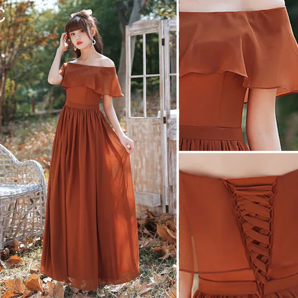 Modest / Simple Caramel Bridesmaid Dresses 2021 A-Line / Princess Short Sleeve Backless Floor-Length / Long Wedding Party Dresses