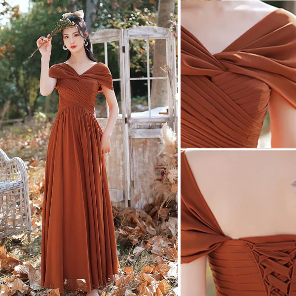 Modest / Simple Caramel Bridesmaid Dresses 2021 A-Line / Princess Short Sleeve Backless Floor-Length / Long Wedding Party Dresses