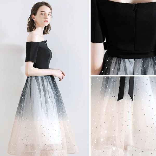 Fashion Black Homecoming Graduation Dresses 2020 A-Line / Princess Off-The-Shoulder Bow Star Sequins Short Sleeve Backless Knee-Length Formal Dresses