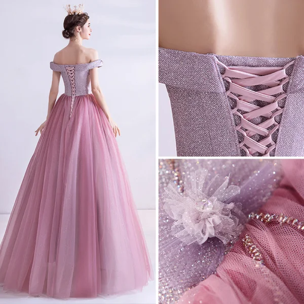 Charming Candy Pink Prom Dresses 2020 A-Line / Princess Off-The-Shoulder Beading Rhinestone Sequins Sleeveless Backless Floor-Length / Long Formal Dresses