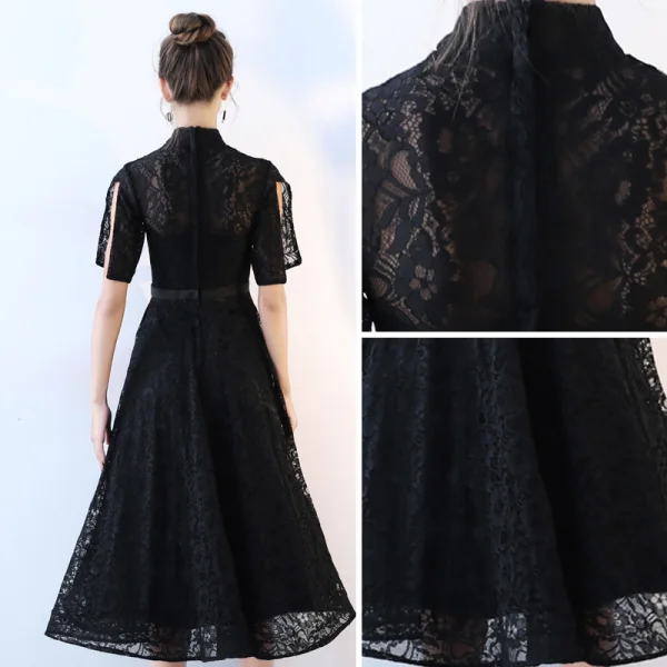 Chic / Beautiful Black Homecoming Graduation Dresses A-Line / Princess 2017 Lace Bow High Neck Short Sleeve Tea-length Formal Dresses