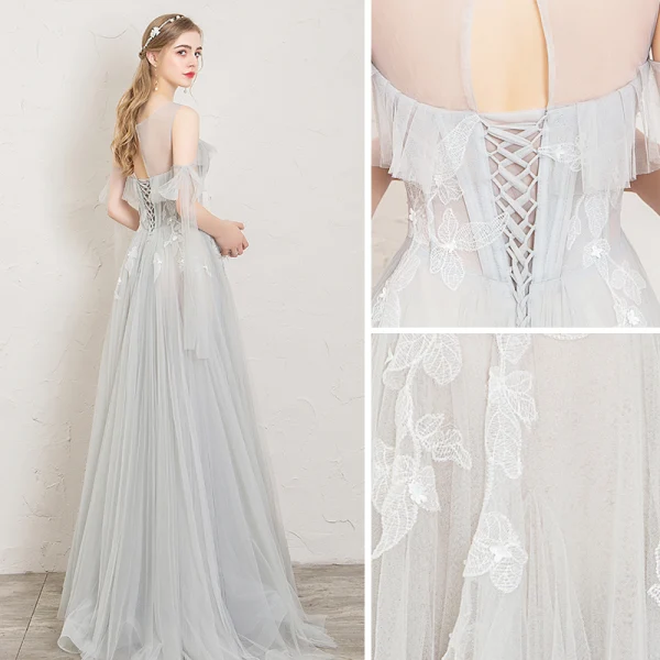 Elegant Grey Evening Dresses 2019 A-Line / Princess Scoop Neck Appliques Lace Flower Sleeveless Backless Floor-Length / Long Formal Dresses