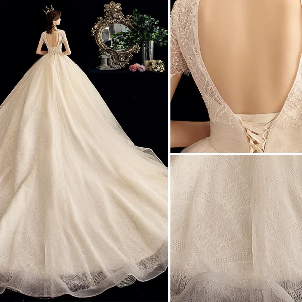 Vintage / Retro Champagne Wedding Dresses 2020 A-Line / Princess High Neck Beading Pearl Lace Short Sleeve Backless Chapel Train