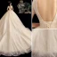 Vintage / Retro Champagne Wedding Dresses 2020 A-Line / Princess High Neck Beading Pearl Lace Short Sleeve Backless Chapel Train