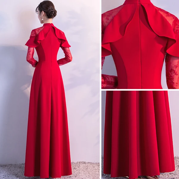 Chic / Beautiful Red Evening Dresses  2018 Empire Lace Flower High Neck Long Sleeve Floor-Length / Long Formal Dresses