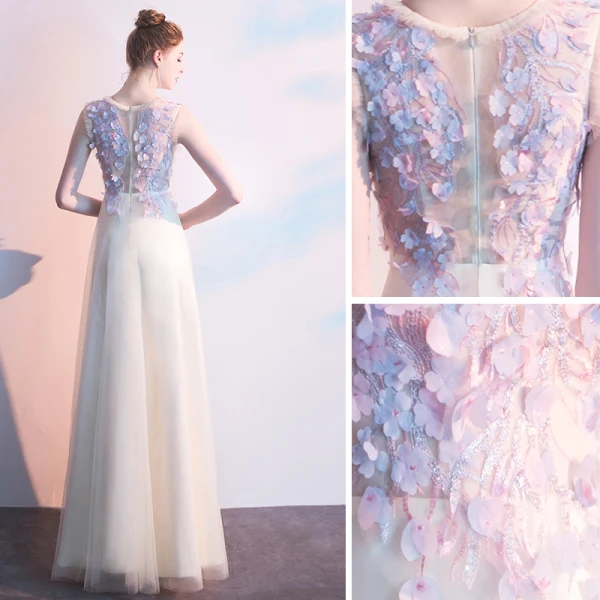 Elegant Champagne Prom Dresses 2019 A-Line / Princess Scoop Neck Appliques Lace Flower Sleeveless Floor-Length / Long Formal Dresses