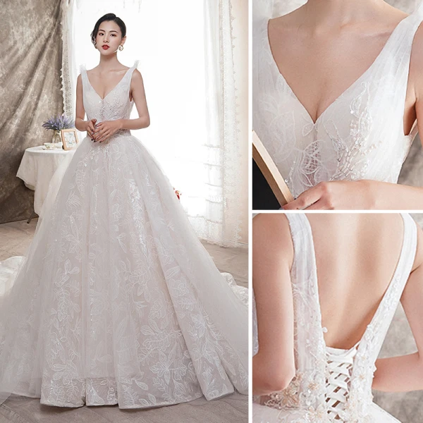 Schöne Ivory / Creme Brautkleider / Hochzeitskleider 2019 A Linie V-Ausschnitt Perlenstickerei Pailletten Perle Spitze Blumen Ärmellos Rückenfreies Kapelle-Schleppe