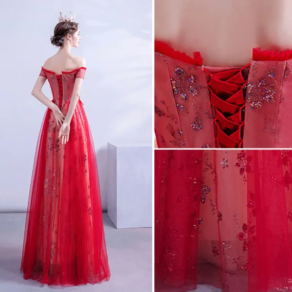 Charmant Rot Abendkleider 2020 A Linie Off Shoulder Pailletten Spitze Blumen Kurze Ärmel Rückenfreies Lange Festliche Kleider