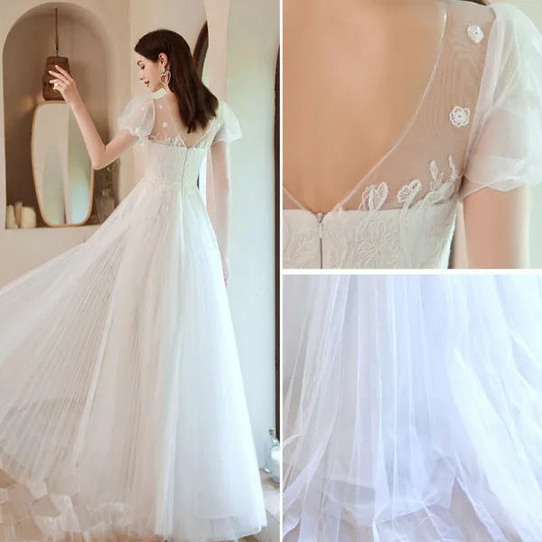 Élégant Blanche Robe De Bal 2021 Princesse Encolure Dégagée Perlage En Dentelle Fleur Manches Courtes Dos Nu Longue Promo Robe De Ceremonie