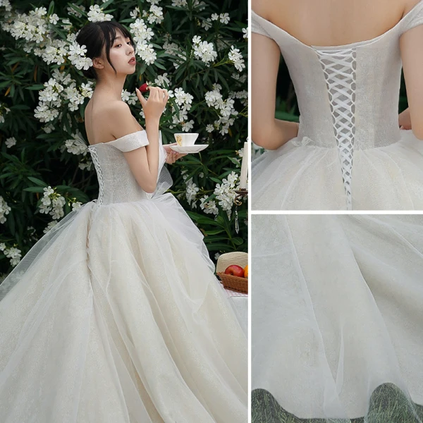 High-end Champagne Wedding Dresses 2019 Ball Gown Off-The-Shoulder Lace Flower Sleeveless Backless Royal Train