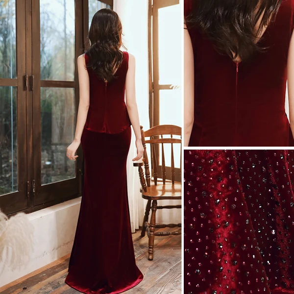 Sexy Bordeaux Daim Robe De Soirée 2020 Trompette / Sirène V-Cou Cristal Sans Manches Dos Nu Longue Robe De Ceremonie