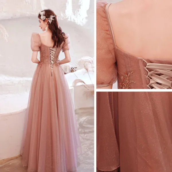 Vintage / Originale Rougissant Rose Glitter Perlage Paillettes Robe De Soirée 2021 Princesse Appliques Encolure Carrée Manches Courtes Dos Nu Longue Soirée Robe De Ceremonie