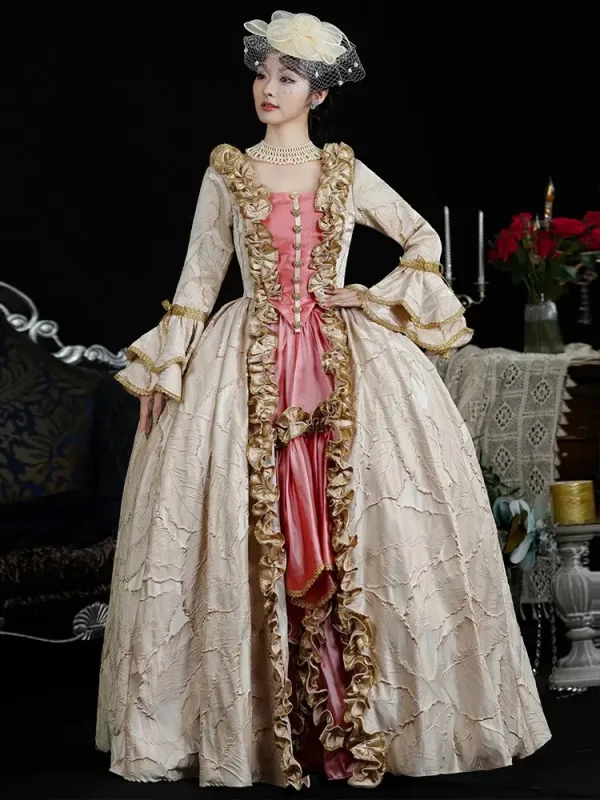 Vintage / Retro Medieval Beige Leaf Printing Prom Dresses 2024 Floor-Length / Long Lace U-Neck Cosplay A-Line / Princess Ball Gown Prom Formal Dresses