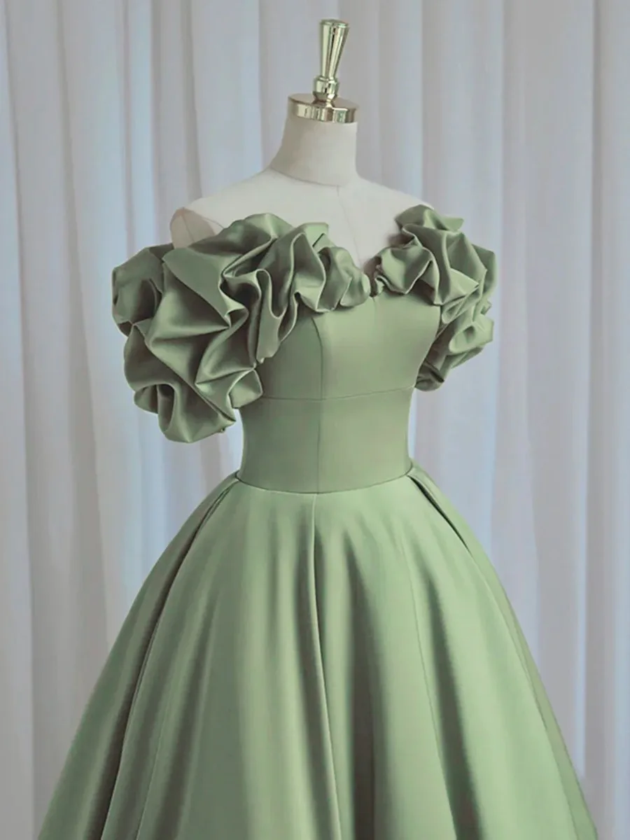Modest Simple Sage Green Satin Prom Dresses 2024 A Line Princess Ruffle Off  The Shoulder Sleeveless Backless Floor Length Long Formal Dresses