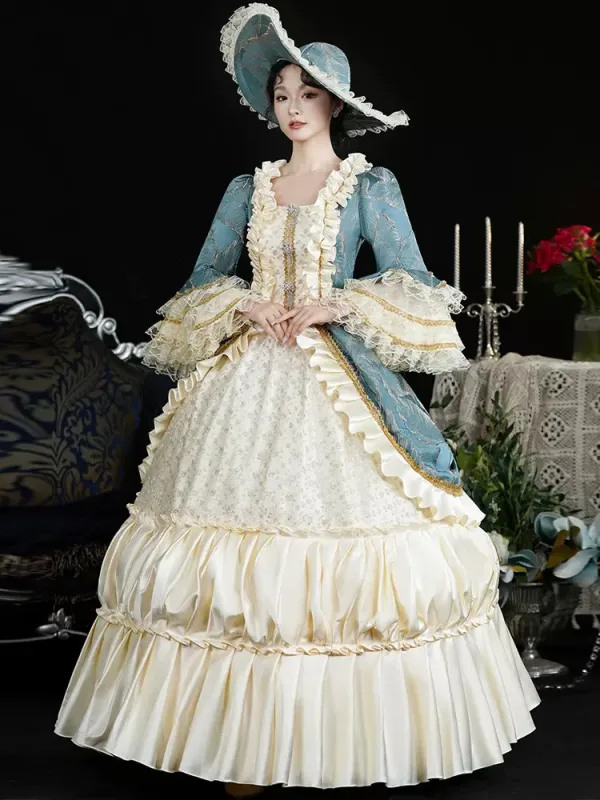 Vintage / Retro Medieval Bling Bling Champagne Ocean Blue Prom Dresses 2024 3D Lace Beading Floor-Length / Long U-Neck Cosplay Long Sleeve Ball Gown Prom