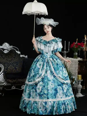 Vintage Retro Medieval Ocean Blue Flower Prom Dresses 2024 Tassel Printing Floor Length Long U Neck Cosplay A Line Princess Short Sleeve Ball Gown Prom Formal Dresses