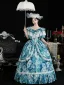 Vintage / Retro Medieval Ocean Blue Flower Prom Dresses 2024 Tassel Printing Floor-Length / Long U-Neck Cosplay A-Line / Princess Short Sleeve Ball Gown Prom Formal Dresses
